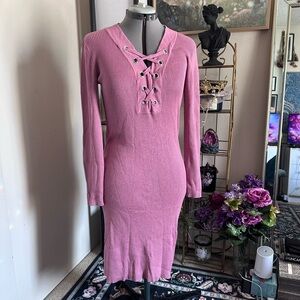 No Boundaries Pink Lace-Up Long Sleeve Dress